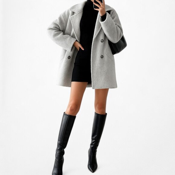 Mango Gray Double Breasted Wool Oversized Short Peacoat Jacket Size XS - Picture 2 of 6